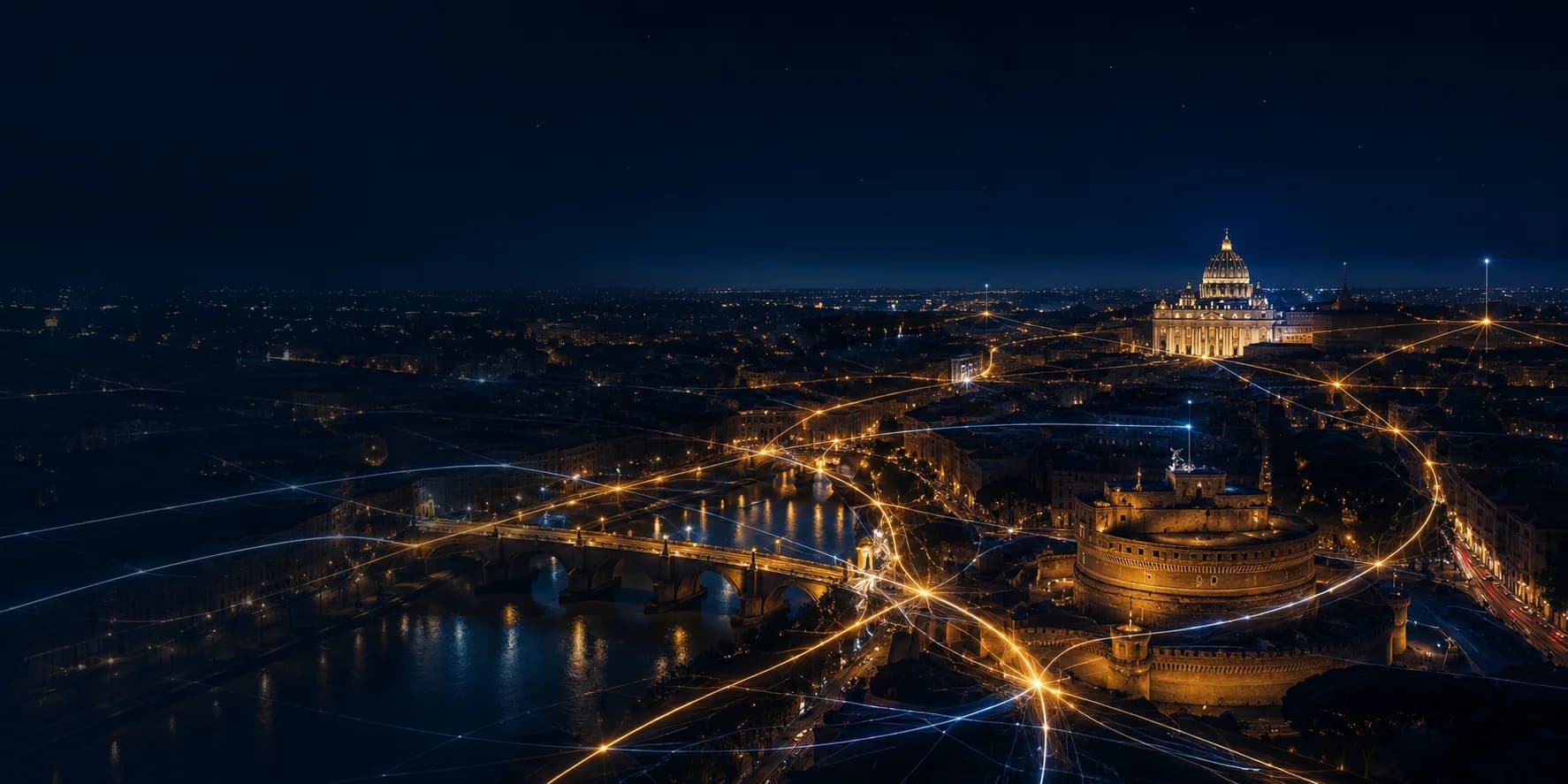 Roma di notte attraversata da una rete elettrica luminosa